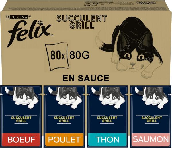 Image Pack nourriture pour chat Purina FELIX Succulent Grill Poulet, Bœuf, Saumon, Thon en Sauce 80x80g