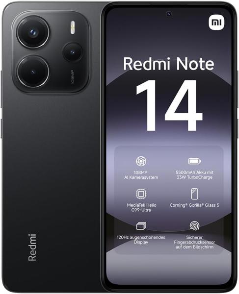 Image Smartphone Xiaomi Redmi Note 14,8+128GB,Noir,108Système de caméra MP IA,Batterie 5500mAh