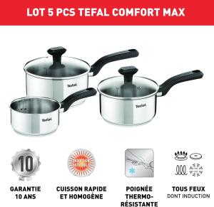 Image Pack 5 Pièces - 3 Casseroles Tefal C973S344 Comfort Max + 2 couvercles verre